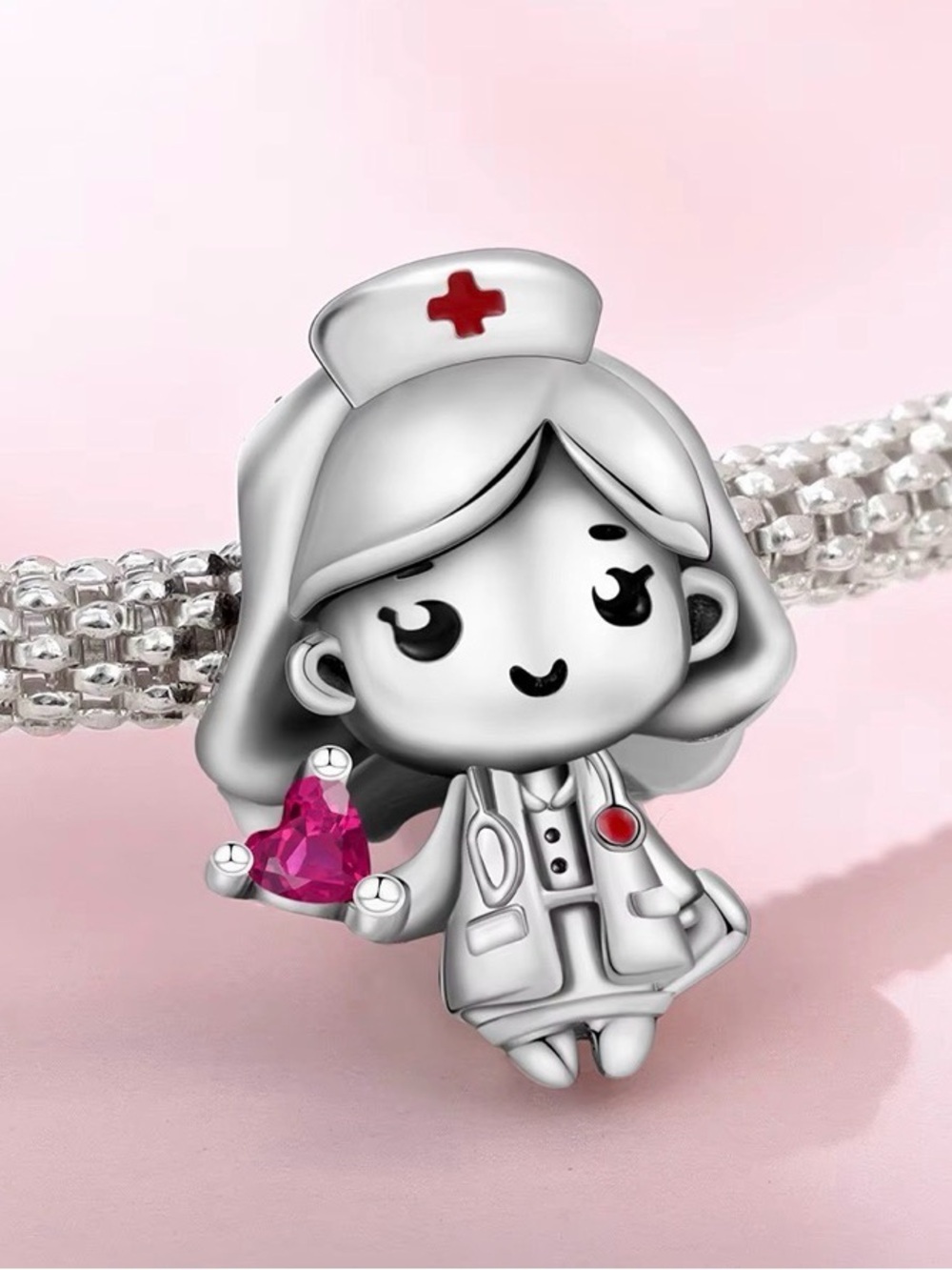 Silver Nurse Charm Bracelet Bead with Pink Heart Accent